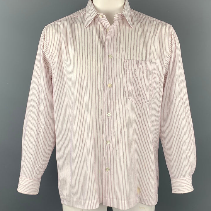 ISSEY MIYAKE Size L Beige & Red Stripe Wrinkled Polyester / Cotton Long Sleeve Shirt