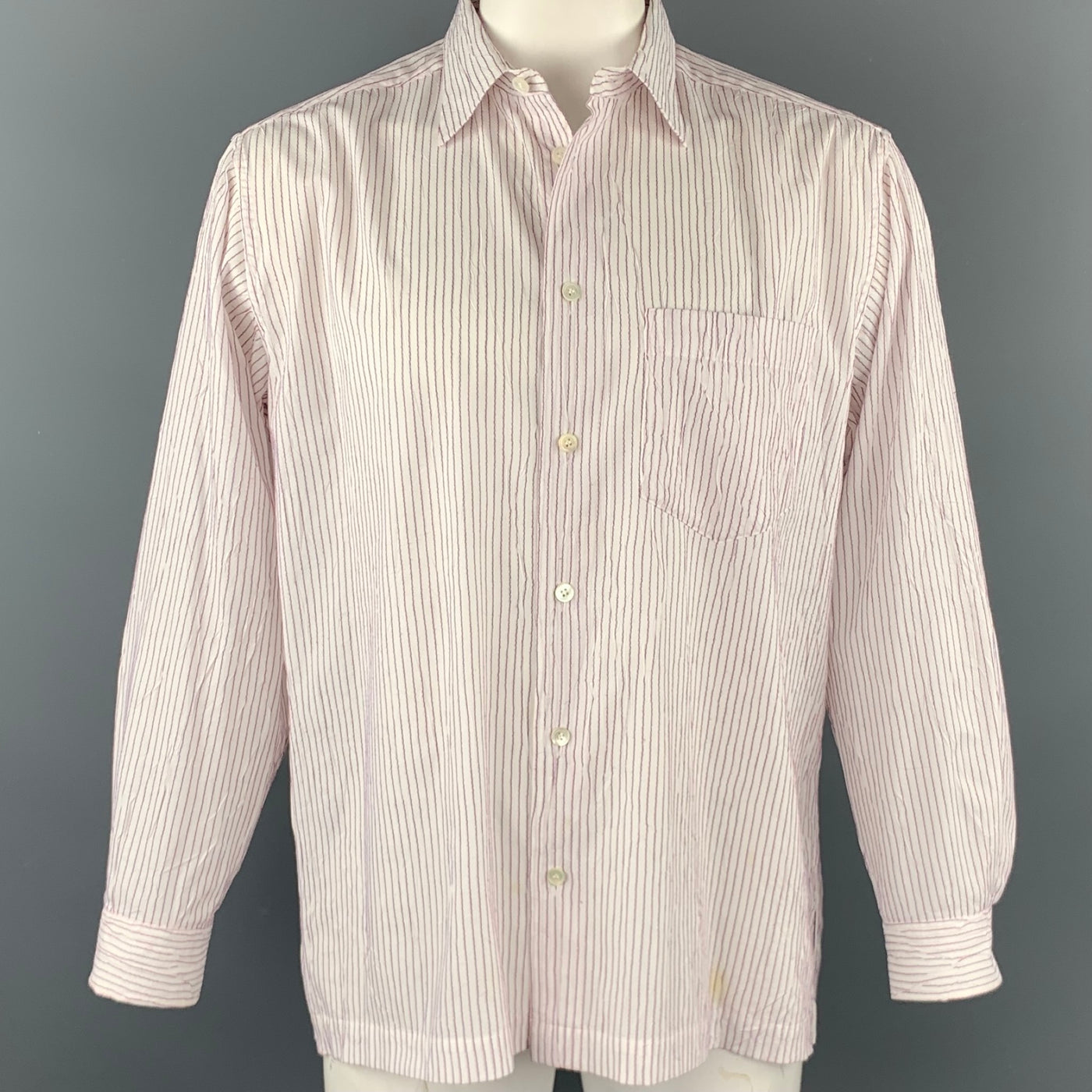 ISSEY MIYAKE Size L Beige & Red Stripe Wrinkled Polyester / Cotton Long  Sleeve Shirt