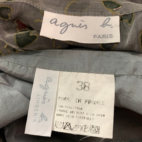 AGNÈS B. Taille 6 Jupe trapèze florale abstraite en soie gris vert et rouge