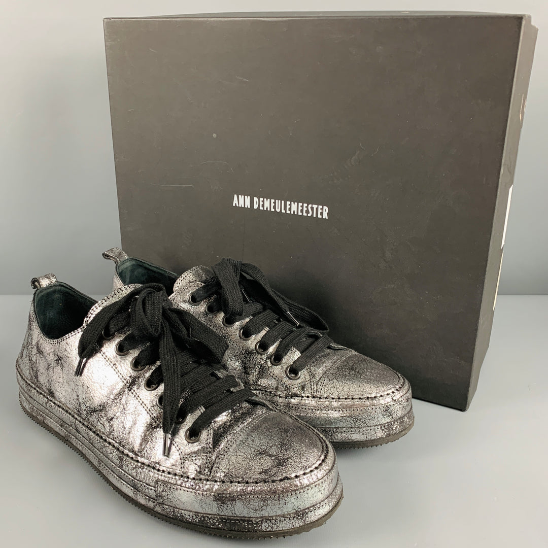 ANN DEMEULEMEESTER Size 9 Silver Black Metallic Leather Lace Up Sneakers