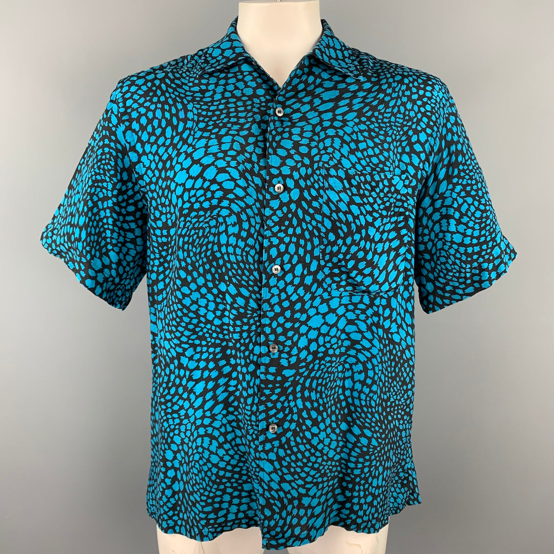 BRIONI for NEIMAN MARCUS Size M Aqua & Black Print Rayon Button Up Short Sleeve Shirt