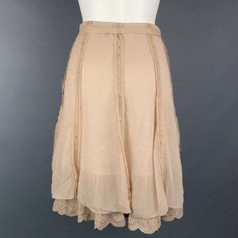 ELIE TAHARI Size 2 Beige Chiffon Eyelet Silk Belted Skirt