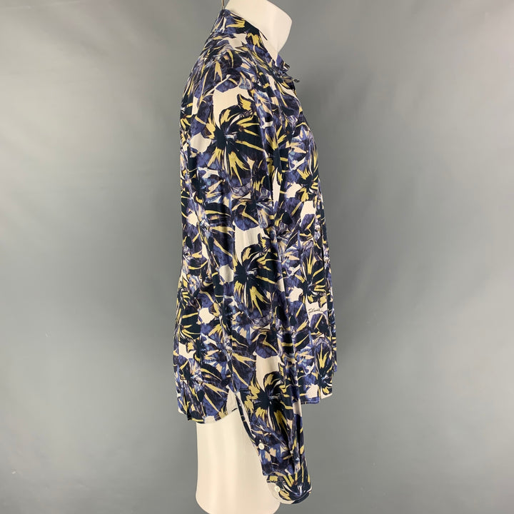 JUST CAVALLI Size M Blue Yellow Floral Cotton Button Down Long Sleeve Shirt
