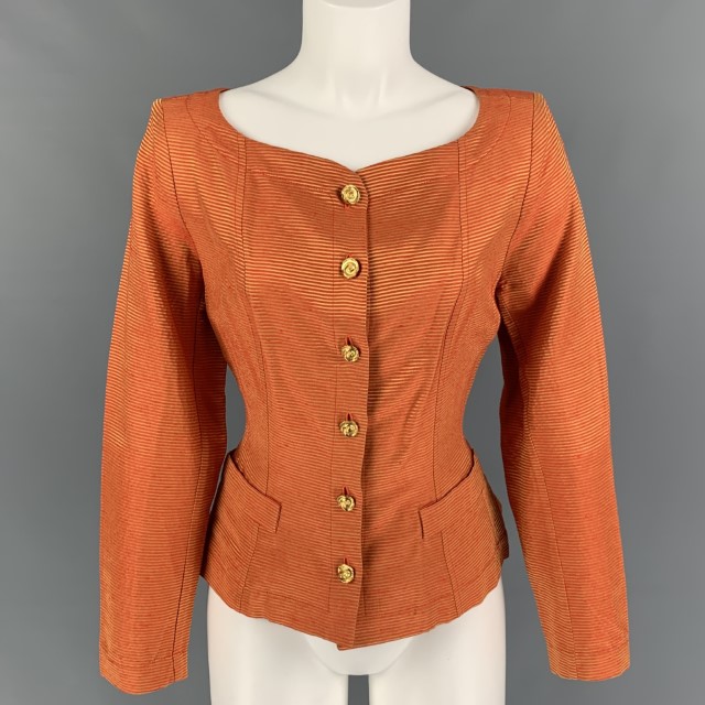 YVES SAINT LAURENT Size 8 Orange Viscose Acetate Stripe Long Sleeve Blouse
