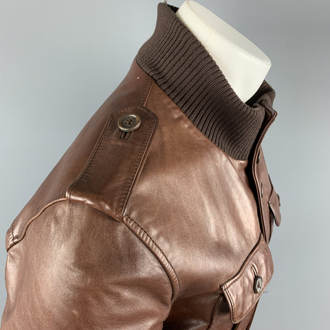 PRADA Chest Size 40 Brown Leather High Collar Epaullettes Zip & Buttons Patch Pockets Jacket