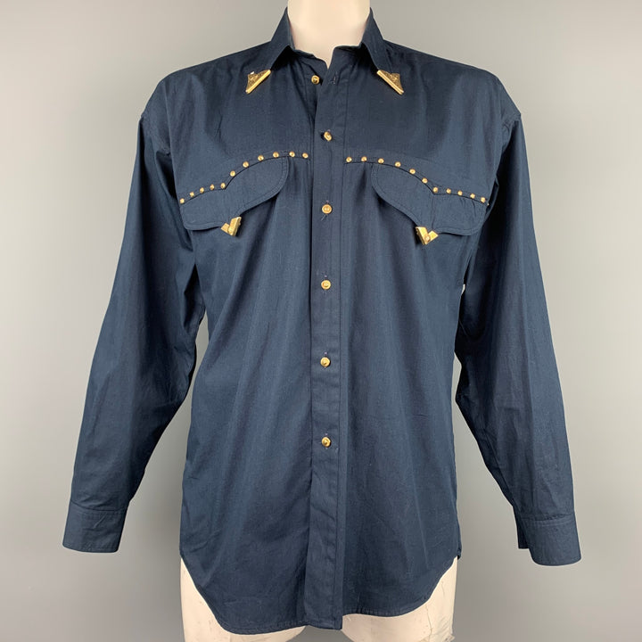 Vintage VERSACE JEANS COUTURE Size M Navy Studded Cotton Cowboy Oversized Long Sleeve Shirt