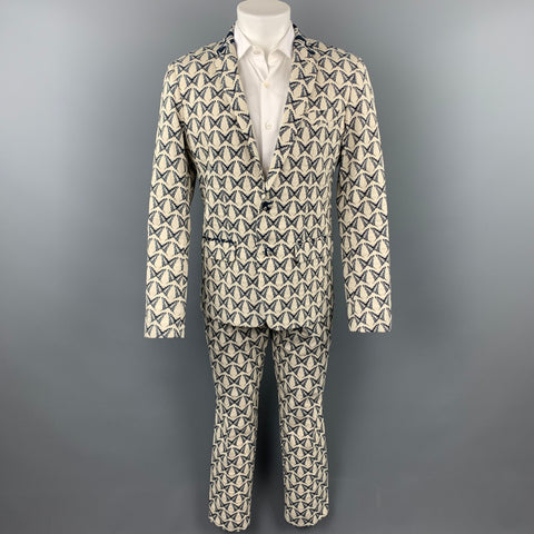 MR TURK Size 40 Beige & Navy Butterfly Print Cotton Blend Notch Lapel Suit