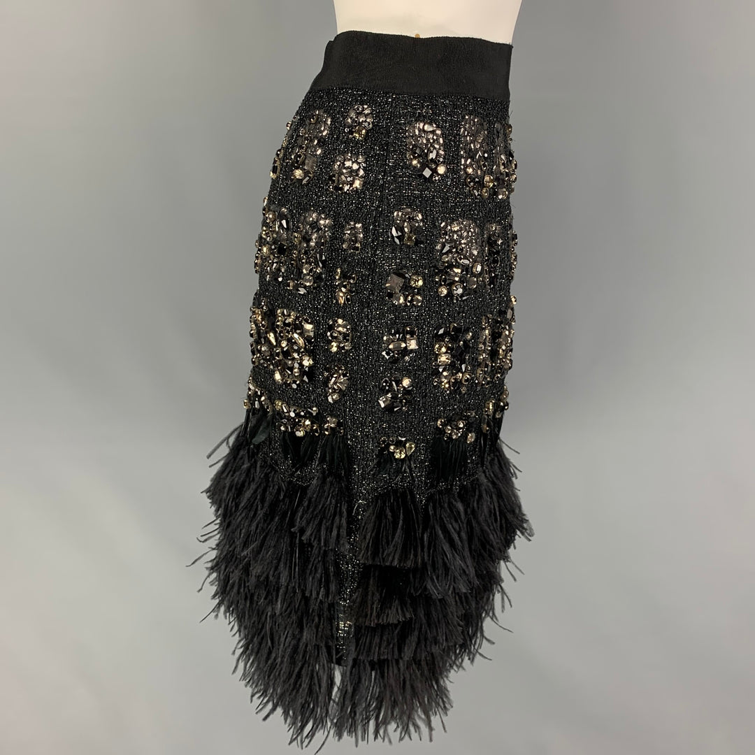 GIAMBATTISTA VALLI COUTURE Size M Black Cotton Blend Feathers Pencil Skirt