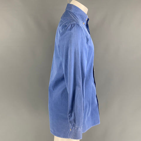 KITON Size M Blue Washed Cotton One pocket Long Sleeve Shirt