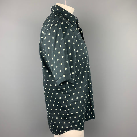 THEORY Size L Black & White Dots Cotton Blend Button Up Short Sleeve Shirt