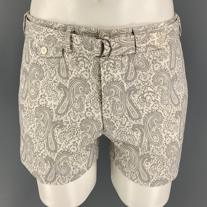 BLACK FLEECE Size 32 White Grey Paisley Cotton Belted Shorts