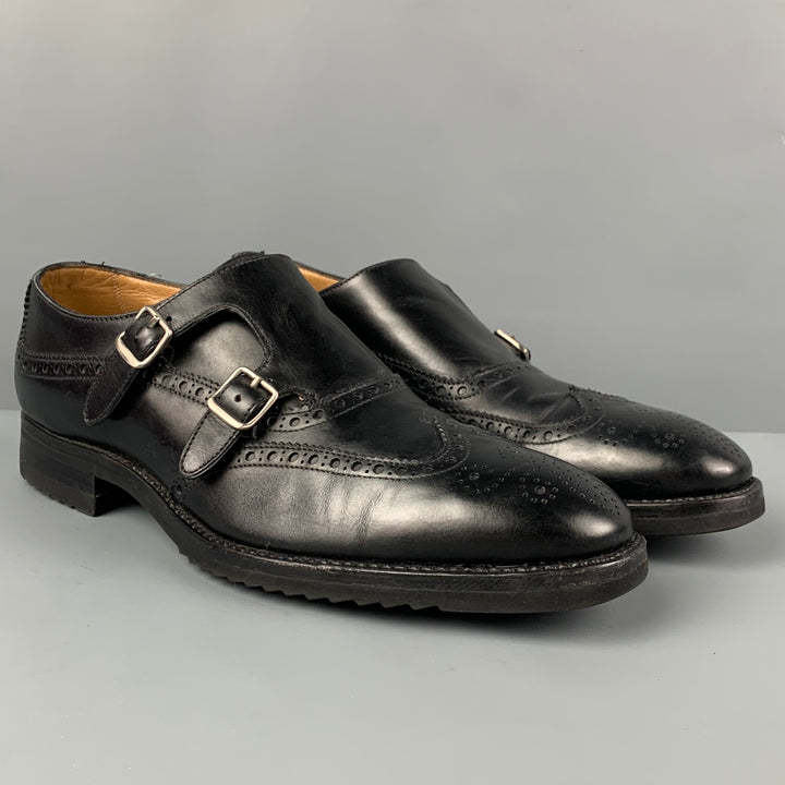 GRAVATI Size 10 Black Perforated Leather Double Monk Strap Lace Up Shoes