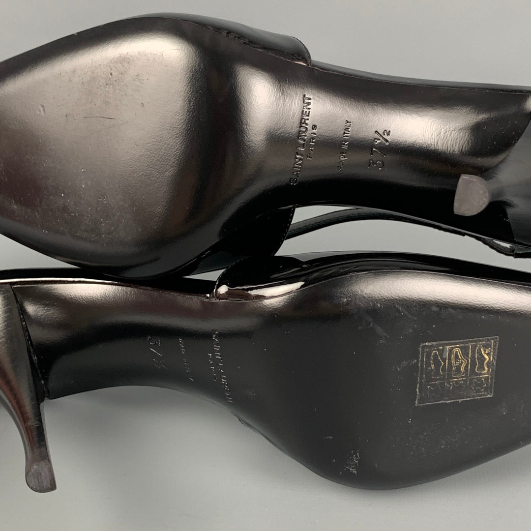 SAINT LAURENT Size 7.5 Black Silver Patent Leather Vesper Slingback Pumps