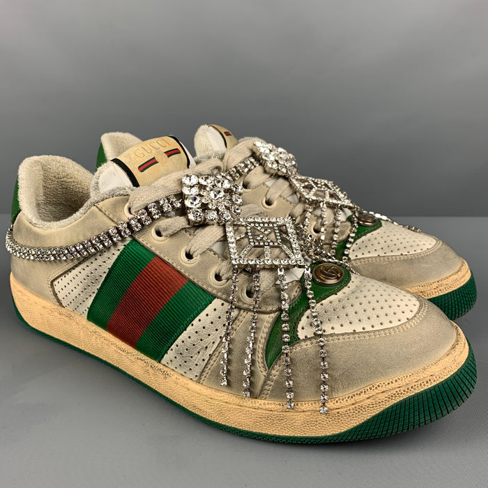 GUCCI Size 8 Off White Distressed Leather Lace Up Crystal Screener Sneakers