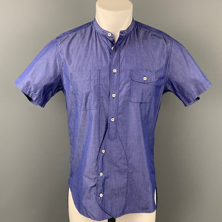 WOOSTER + LARDINI Taille M Chemise à manches courtes en coton à fines rayures bleues et blanches