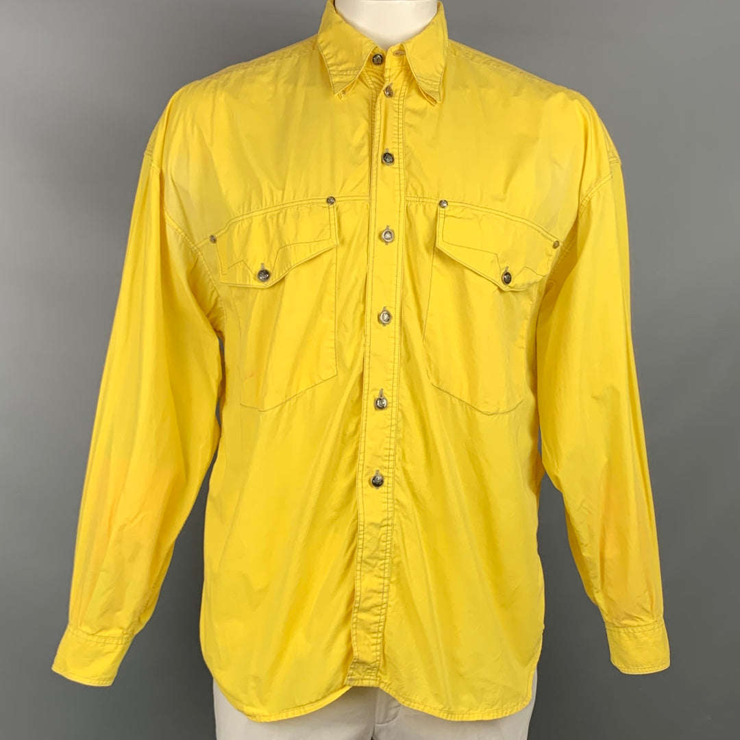 Vintage VERSACE JEANS COUTURE Size L Yellow Contrast Stitch Cotton Long Sleeve Shirt