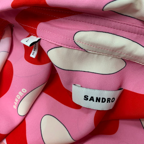 SANDRO Taille L Rose Rouge Imprimé Viscose Boutonné Chemise à Manches Courtes