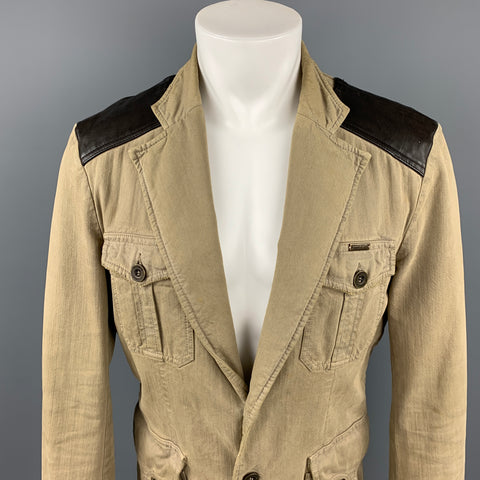 JUST CAVALLI Size L Khaki & Brown Mixed Fabrics Cotton Jacket