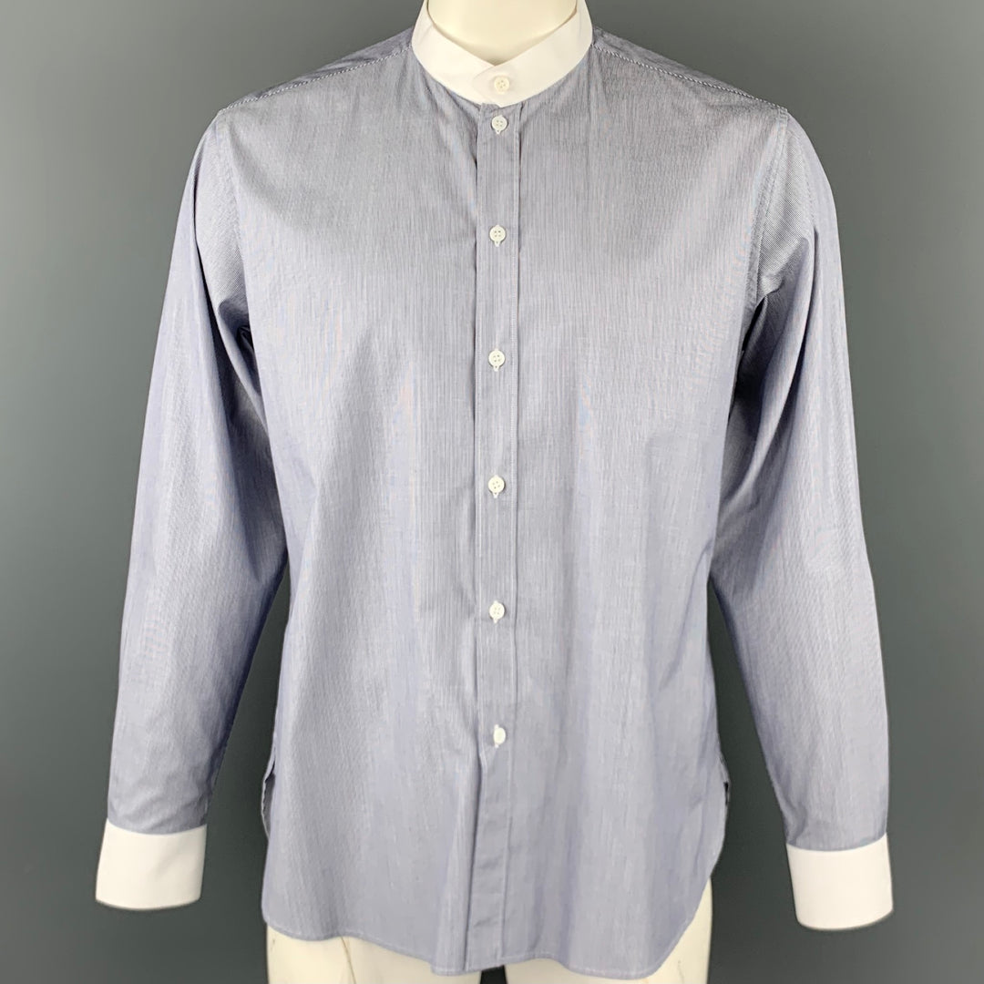 SAINT LAURENT Talla L Camisa de manga larga de algodón a rayas azul marino y blanca