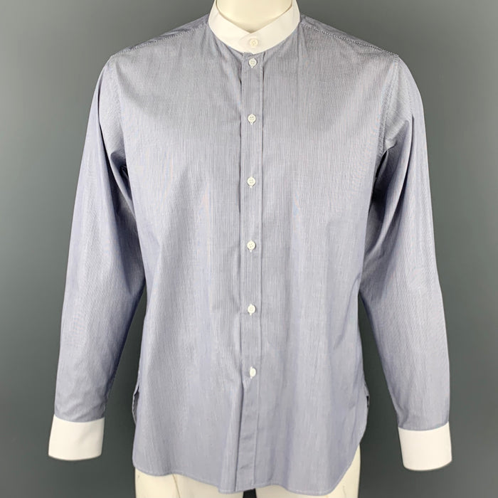 SAINT LAURENT Size L Navy & White Pinstripe Cotton Long Sleeve Shirt