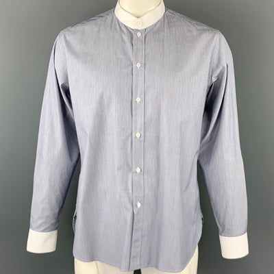 SAINT LAURENT Size L Navy & White Pinstripe Cotton Long Sleeve Shirt