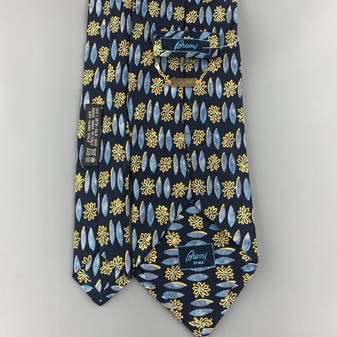 BRIONI Navy Blue & Yellow Flower Print Silk Tie