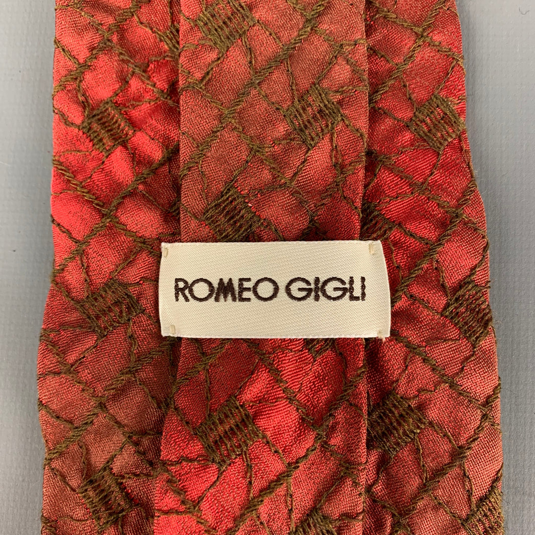 ROMEO GIGLI Red Brown Embroidered Silk Tie