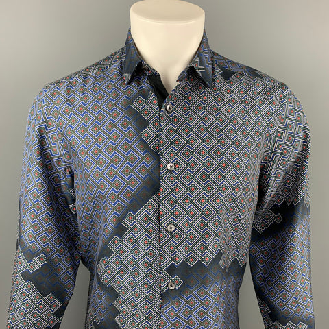 LANVIN Size M Navy & Blue Geometric Button Up Long Sleeve Shirt