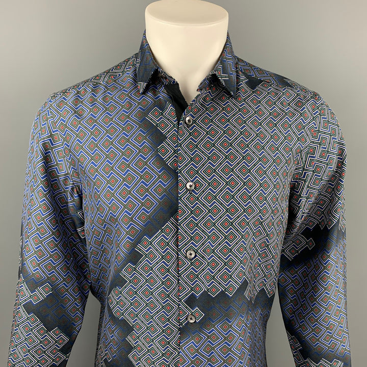 LANVIN Talla M Camisa de manga larga con botones geométricos azul marino y azul