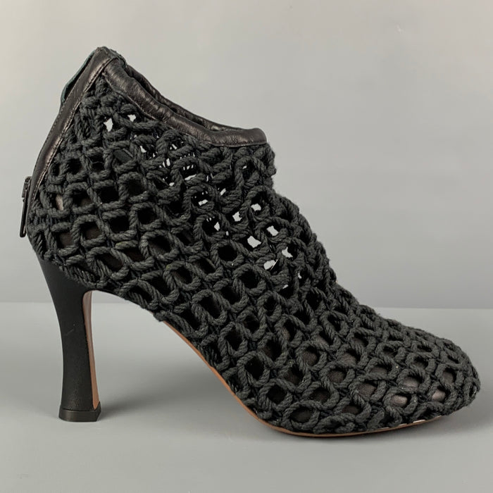 CELINE Size 7.5 Black Leather Woven Rope Heels