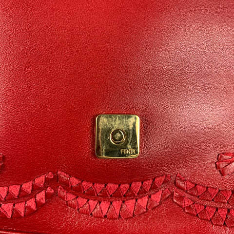 FENDI Red Floral Leather Baguette Shoulder Handbag