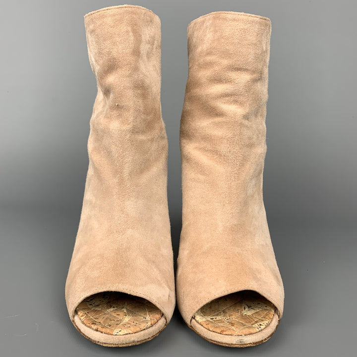 CHANEL Size 6.5 Beige Suede Peep Toe Ankle Boots