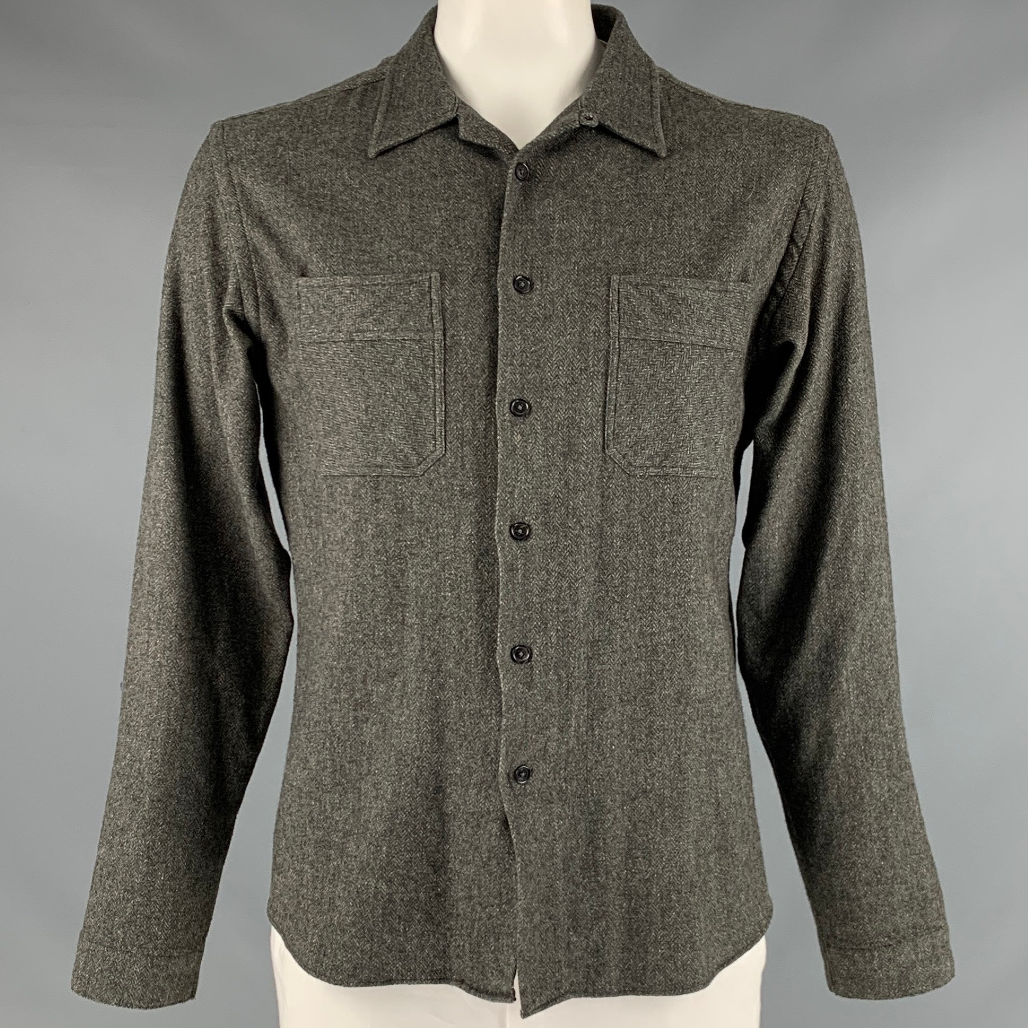 BILLY REID Size L Grey Herringbone Wool Cotton Long Sleeve Shirt