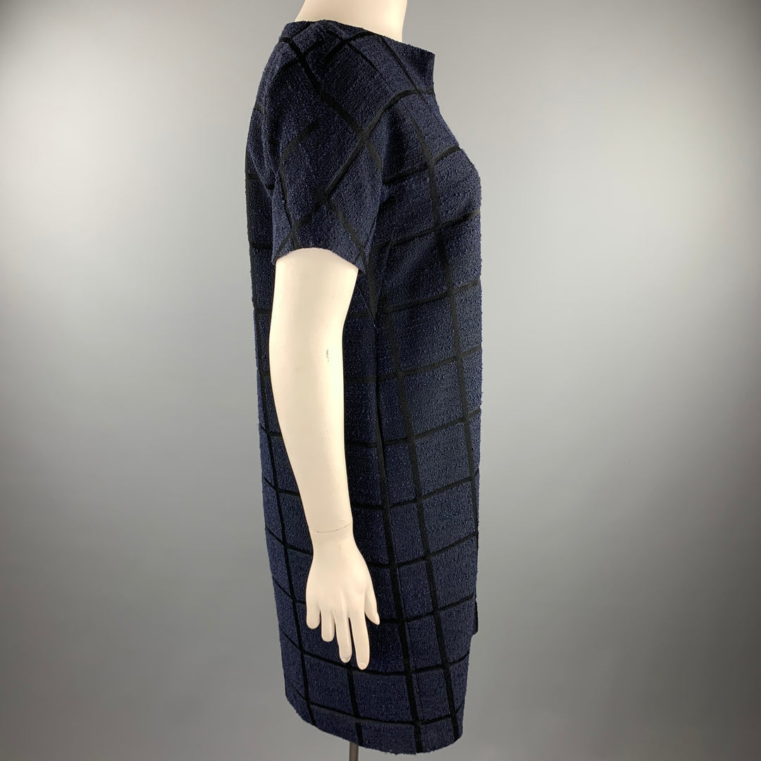 NOOY Size L Black & Navy Textured Windowpane Cotton Blend Shift Dress