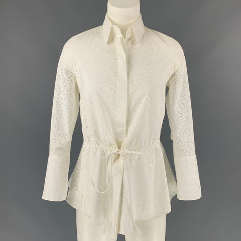 ALAIA Talla 4 Blusa perforada con corte láser de algodón / poliéster blanco