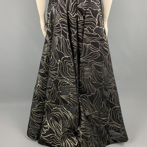 RUBIN SINGER Size 14 Black & Gold Floral Wool Blend Strapless Bustier Evening Gown