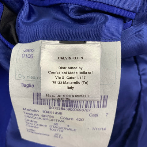 CALVIN KLEIN COLLECTION Size 40 Royal Blue Cotton / Polyester Notch Lapel Sport Coat