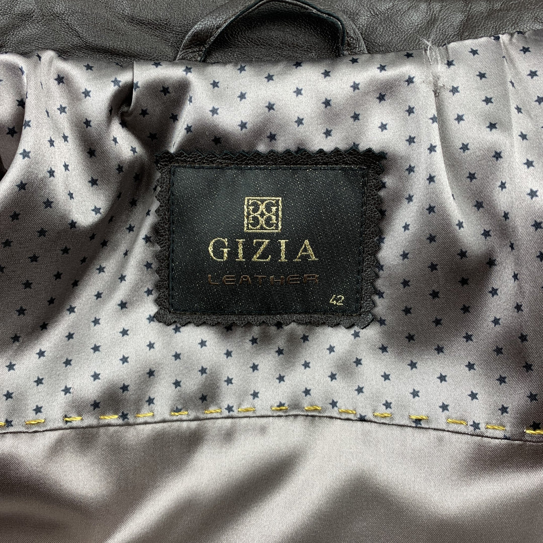 GIZIA Size 6 Brown Leather Bumble Bee Embellishment Zip Up Jacket