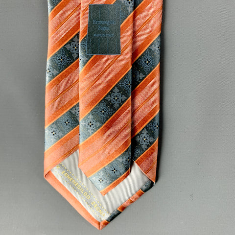 ERMENEGILDO ZEGNA Orange Grey Diagonal Stripe Silk Tie