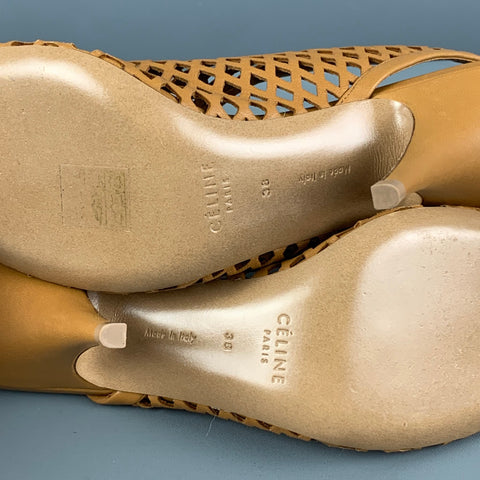 CELINE Size 8 Tan Woven Leather Slingback Pumps
