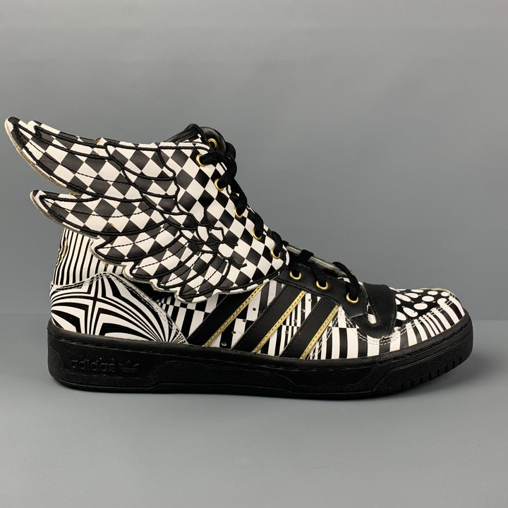 JEREMY SCOTT x ADIDAS Size 12 Black White Geometric Leather High Top Wings Opart Sneakers