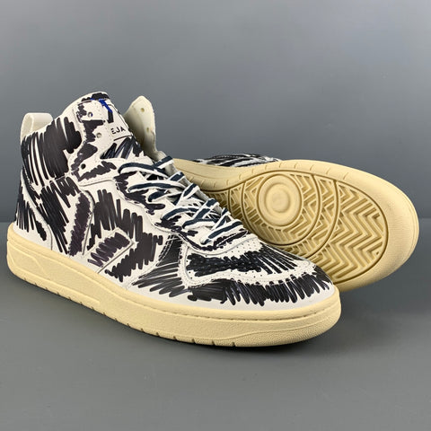 MARNI x VEJA Size 10.5 White Black Scribble Leather High Top Sneakers