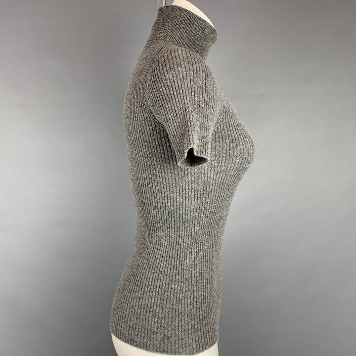 ROCHAS Size S Grey Ribbed Cashmere Turtleneck Short Sleeve Pullover