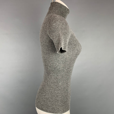 ROCHAS Size S Grey Ribbed Cashmere Turtleneck Short Sleeve Pullover