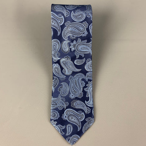 BRIONI Navy Blue Paisley Silk Satin Tie