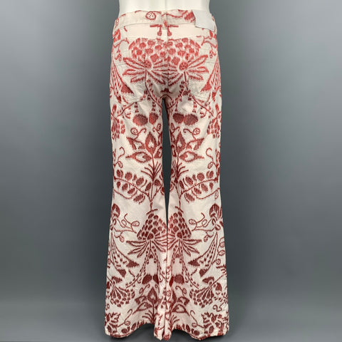 GUCCI by TOM FORD S/S 2000 Size 34 White & Red Embroidery Cotton 34 Bell Bottom Jeans
