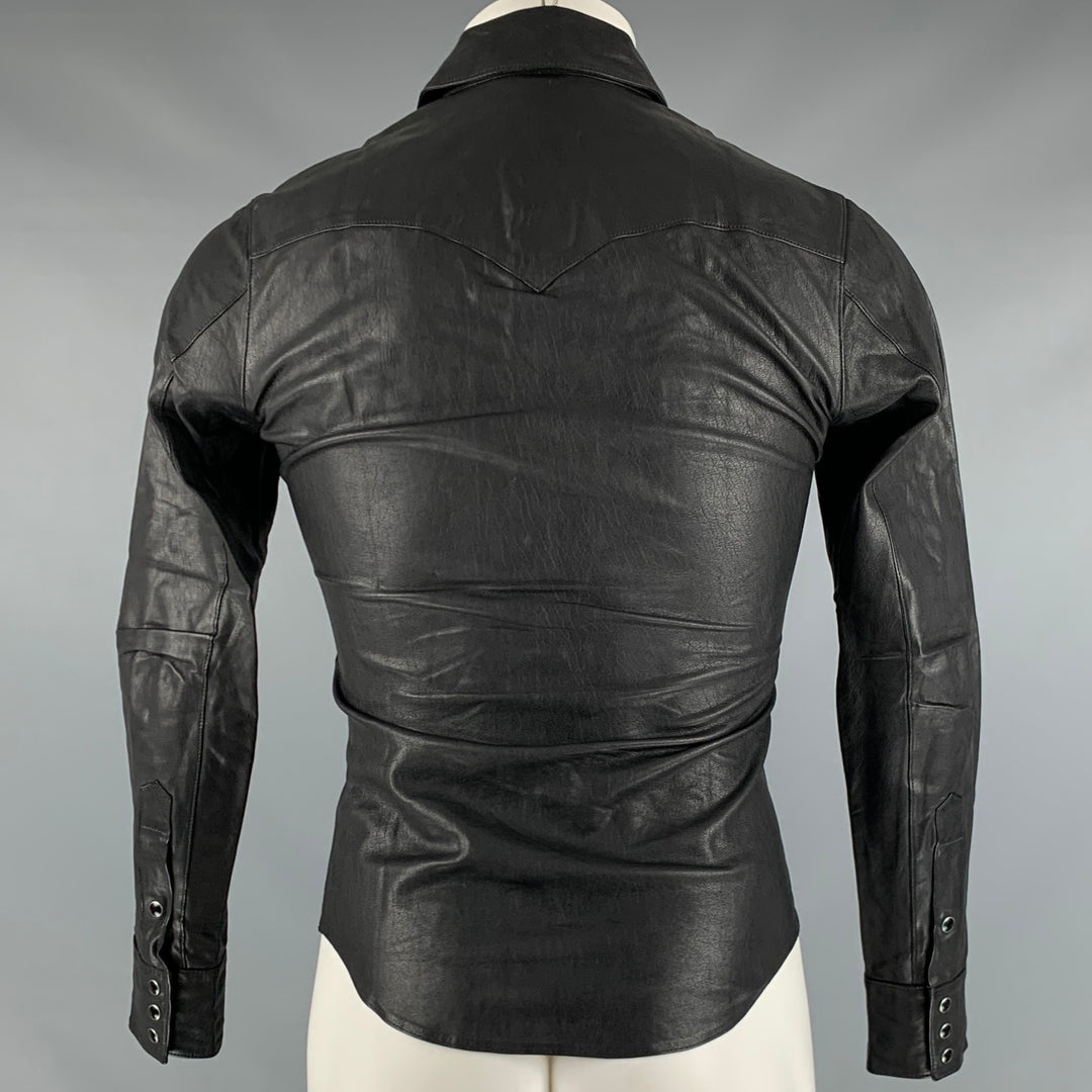 SAINT LAURENT Size 34 Black Leather Western Long Sleeve Shirt 