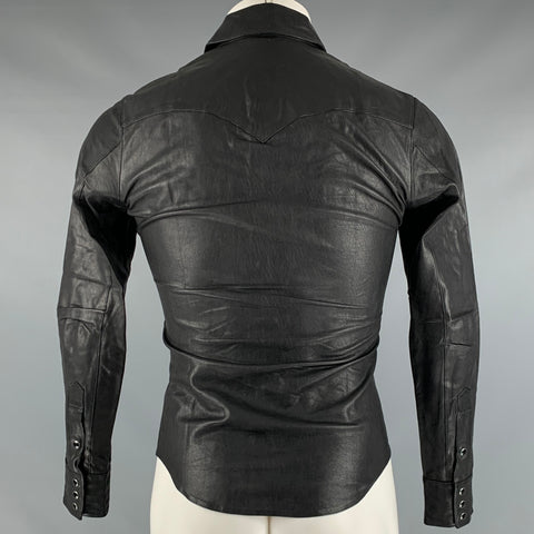 SAINT LAURENT Size 34 Black Leather Western Long Sleeve Shirt
