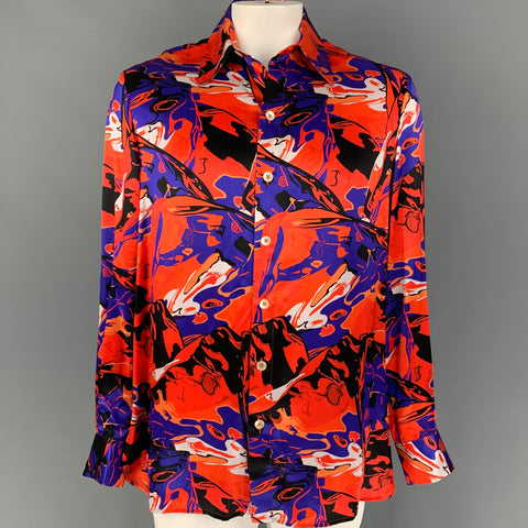 NECESSITY SENSE Size XL Orange Multi-Color Print Silk Long Sleeve Shirt