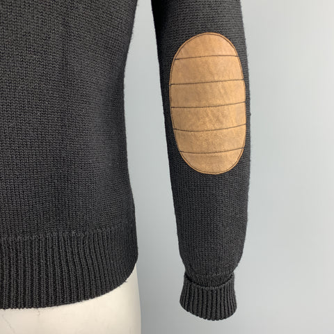 RALPH LAUREN RUGBY Size S Black Knitted Wool V-Neck Elbow Patch Pullover Sweater
